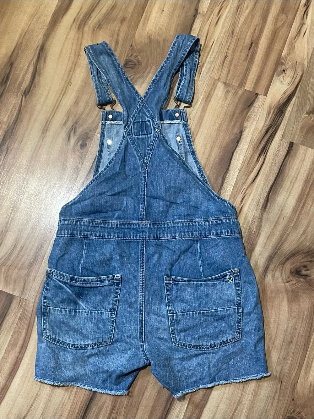 Y2K American Eagle Short Denim Overalls Blue Frayed Hem Size XXS